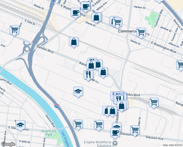 map of restaurants, bars, coffee shops, grocery stores, and more near 5590 Bandini Boulevard in Bell