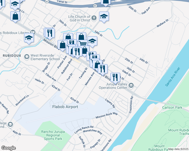 map of restaurants, bars, coffee shops, grocery stores, and more near 3854 Mennes Avenue in Riverside