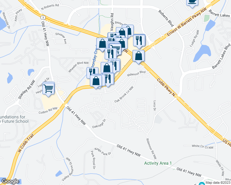 map of restaurants, bars, coffee shops, grocery stores, and more near 1733 Ridenour Parkway Northwest in Kennesaw