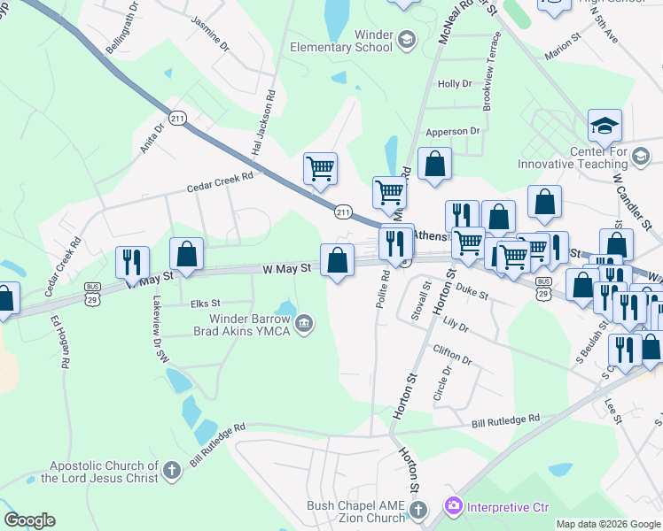 map of restaurants, bars, coffee shops, grocery stores, and more near 213 West May Street in Winder