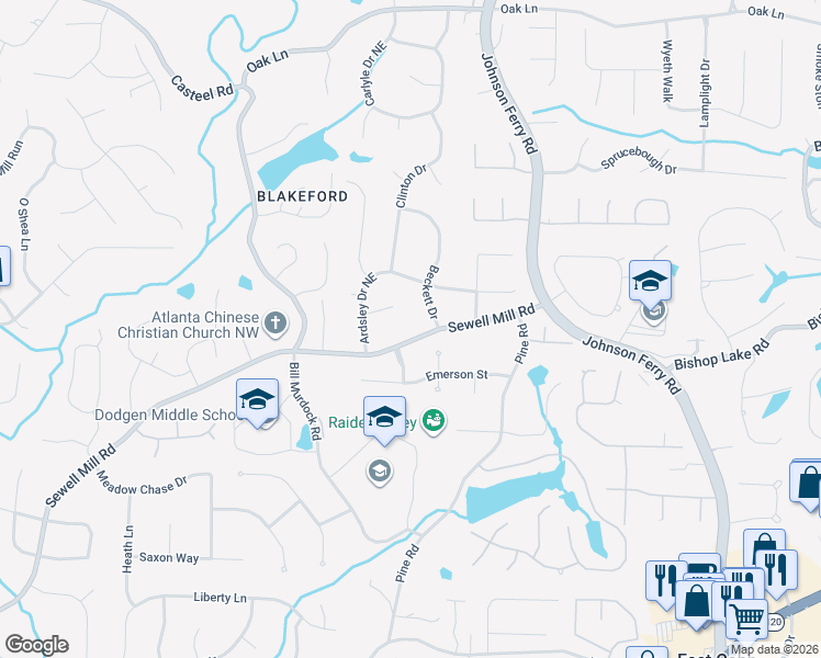 map of restaurants, bars, coffee shops, grocery stores, and more near 3825 Sewell Mill Rd in Marietta