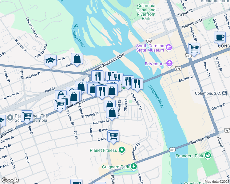 map of restaurants, bars, coffee shops, grocery stores, and more near 1 State Street in West Columbia