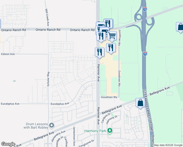 map of restaurants, bars, coffee shops, grocery stores, and more near 4251 East Malagon Privado in Ontario