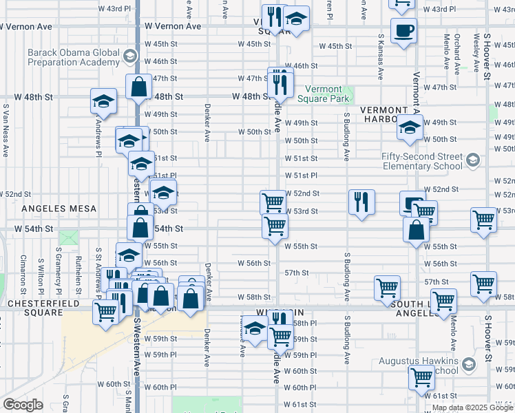 map of restaurants, bars, coffee shops, grocery stores, and more near 1435 West 53rd Street in Los Angeles
