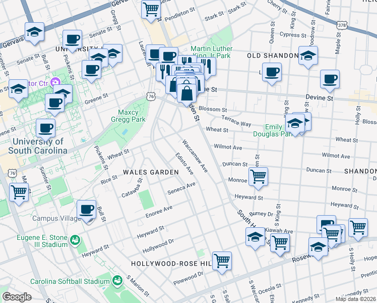 map of restaurants, bars, coffee shops, grocery stores, and more near 330 Waccamaw Avenue in Columbia