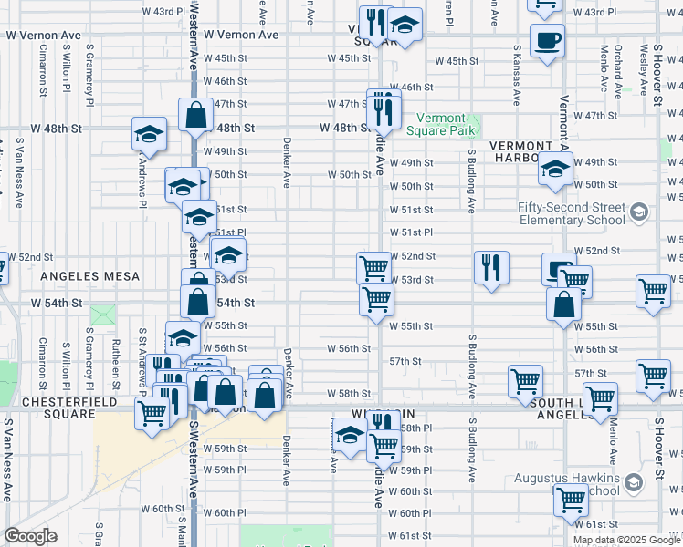 map of restaurants, bars, coffee shops, grocery stores, and more near 1453 West 53rd Street in Los Angeles