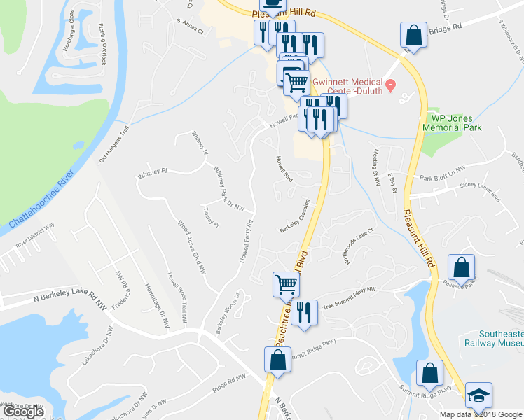 map of restaurants, bars, coffee shops, grocery stores, and more near 3898 Howell Ferry Road Northwest in Duluth