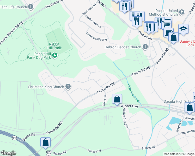 map of restaurants, bars, coffee shops, grocery stores, and more near 327 Carlton Chase Ct in Dacula