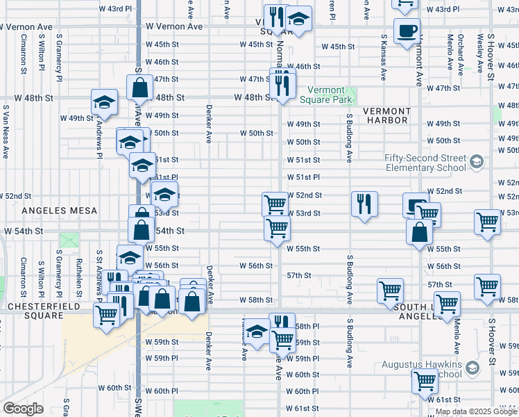 map of restaurants, bars, coffee shops, grocery stores, and more near 1435 West 53rd Street in Los Angeles