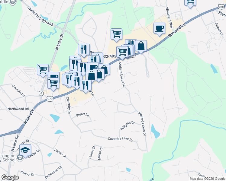 map of restaurants, bars, coffee shops, grocery stores, and more near 124 West Sparrowood Run in Lexington
