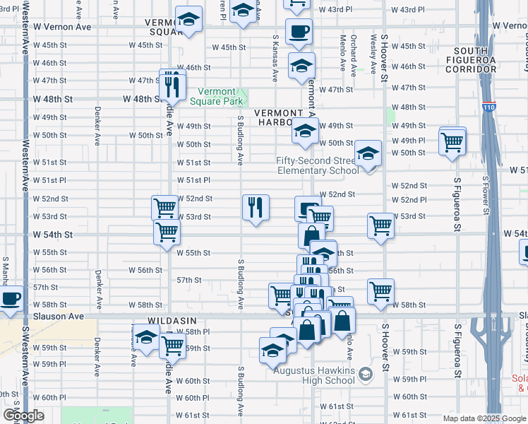 map of restaurants, bars, coffee shops, grocery stores, and more near 1123 West 53rd Street in Los Angeles