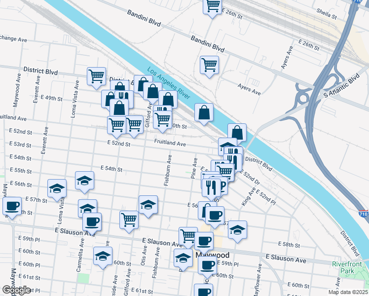 map of restaurants, bars, coffee shops, grocery stores, and more near 4325 East 52nd Street in Maywood