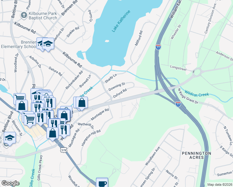 map of restaurants, bars, coffee shops, grocery stores, and more near 4615 Oxford Road in Columbia