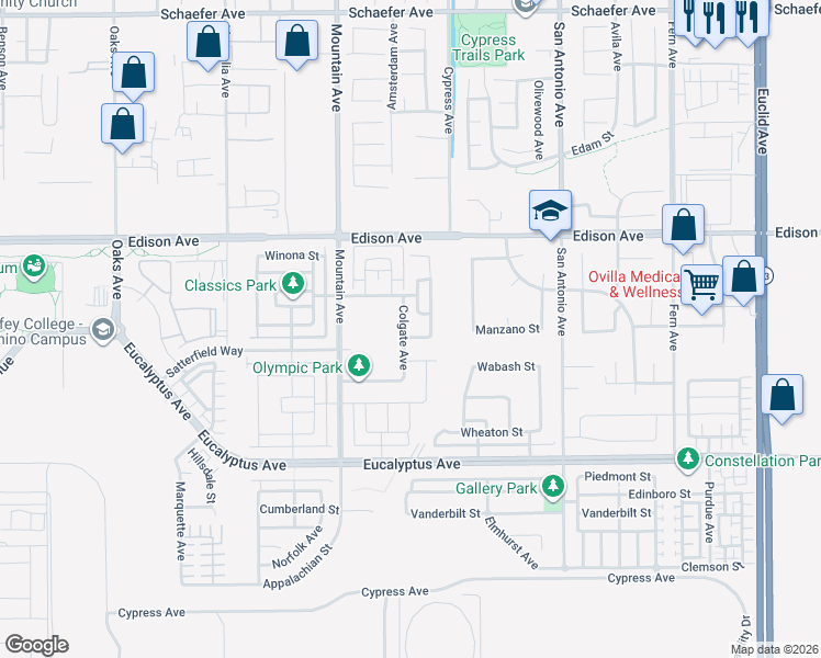 map of restaurants, bars, coffee shops, grocery stores, and more near 6428 Marymount Street in Chino