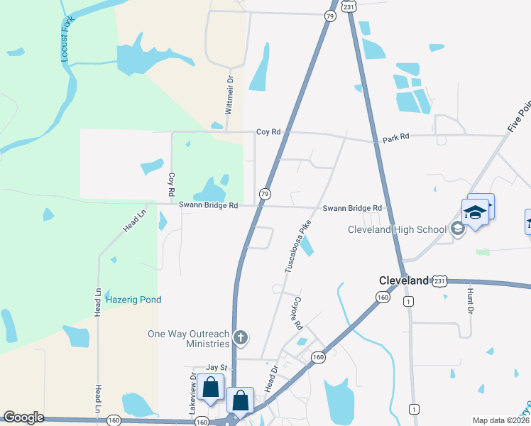 map of restaurants, bars, coffee shops, grocery stores, and more near 37020 Alabama 79 in Cleveland