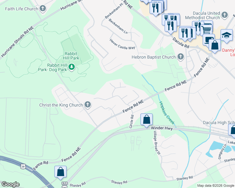 map of restaurants, bars, coffee shops, grocery stores, and more near 327 Carlton Chase Court in Dacula
