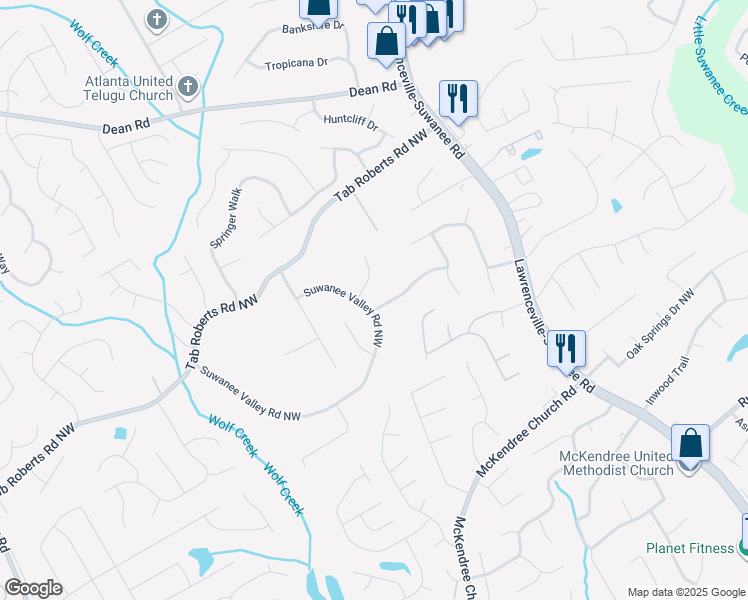 map of restaurants, bars, coffee shops, grocery stores, and more near 1915 Suwanee Valley Road Northwest in Lawrenceville