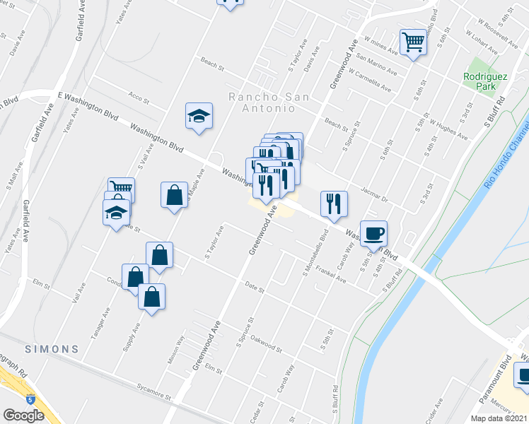map of restaurants, bars, coffee shops, grocery stores, and more near 1025 Greenwood Avenue in Montebello