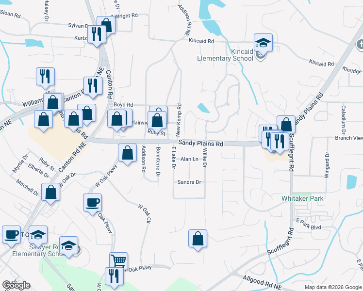 map of restaurants, bars, coffee shops, grocery stores, and more near 1792 Sandy Plains Road in Marietta