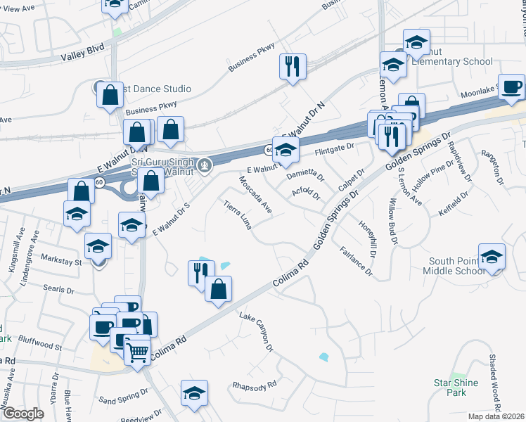 map of restaurants, bars, coffee shops, grocery stores, and more near 1183 Moscada Avenue in Walnut