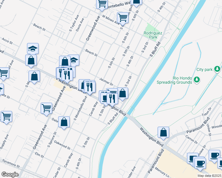 map of restaurants, bars, coffee shops, grocery stores, and more near 913 South 5th Street in Montebello