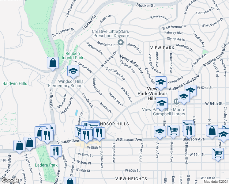 map of restaurants, bars, coffee shops, grocery stores, and more near 5203 South Verdun Avenue in View Park-Windsor Hills