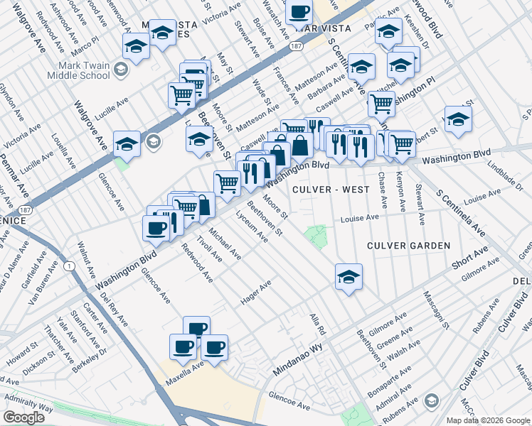 map of restaurants, bars, coffee shops, grocery stores, and more near 4042 Beethoven St in Los Angeles