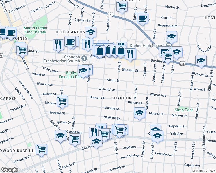 map of restaurants, bars, coffee shops, grocery stores, and more near 2817 Wilmot Ave in Columbia