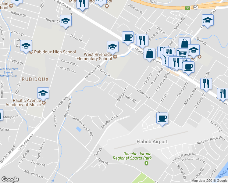 map of restaurants, bars, coffee shops, grocery stores, and more near 4265 Gandale Lane in Riverside