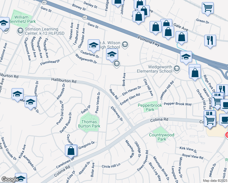map of restaurants, bars, coffee shops, grocery stores, and more near 1740 Rada Road in Hacienda Heights