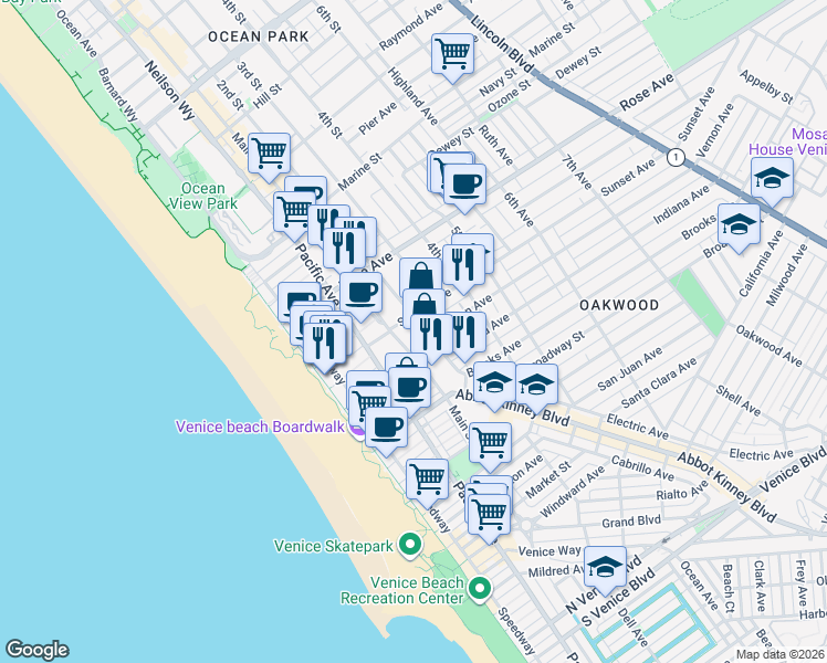 map of restaurants, bars, coffee shops, grocery stores, and more near 615 Hampton Drive in Los Angeles
