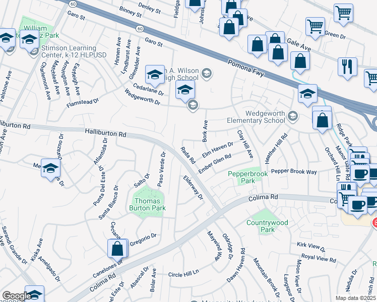 map of restaurants, bars, coffee shops, grocery stores, and more near 1740 Rada Road in Hacienda Heights