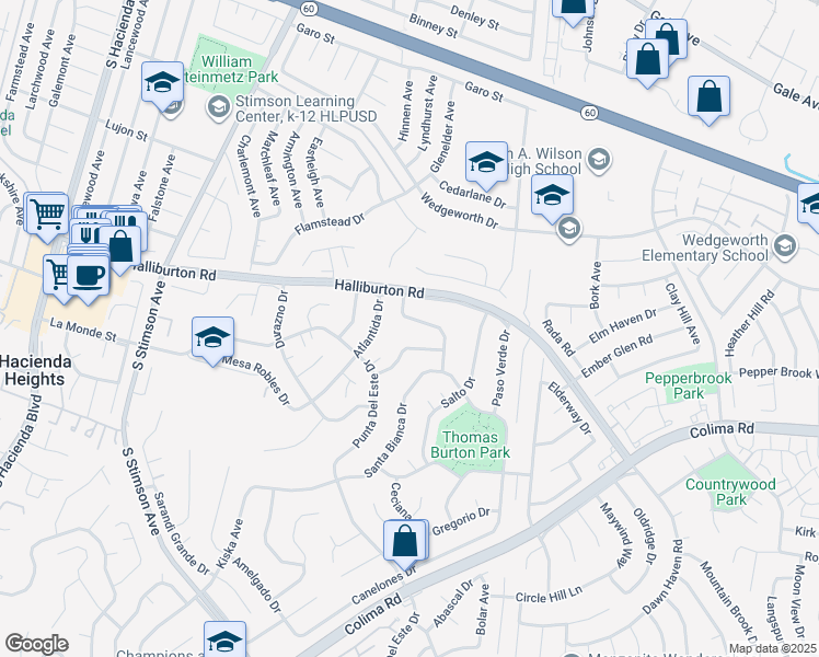 map of restaurants, bars, coffee shops, grocery stores, and more near 1937 Placentia Drive in Hacienda Heights