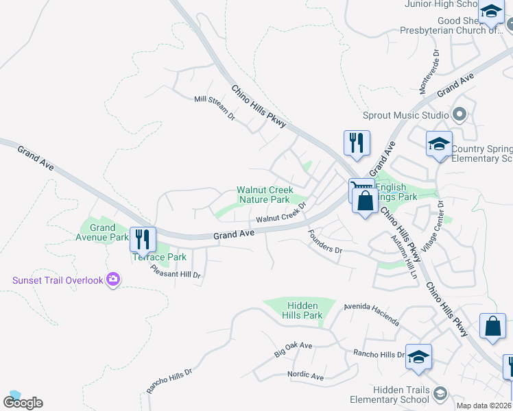 map of restaurants, bars, coffee shops, grocery stores, and more near 14261 Willow Wood Lane in Chino Hills