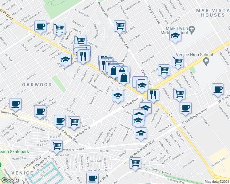 map of restaurants, bars, coffee shops, grocery stores, and more near 919 Venezia Avenue in Los Angeles