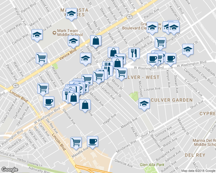 map of restaurants, bars, coffee shops, grocery stores, and more near 4025 Beethoven Street in Los Angeles