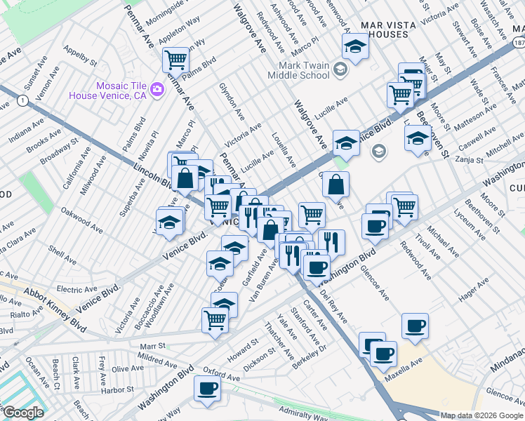 map of restaurants, bars, coffee shops, grocery stores, and more near 2414 Penmar Avenue in Los Angeles