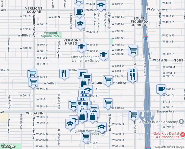 map of restaurants, bars, coffee shops, grocery stores, and more near 921 West 53rd Street in Los Angeles