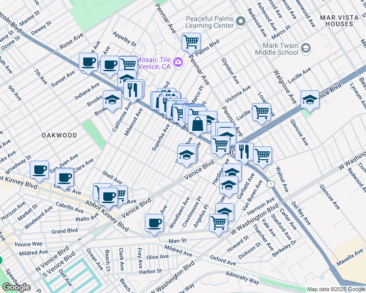 map of restaurants, bars, coffee shops, grocery stores, and more near 919 Venezia Avenue in Los Angeles