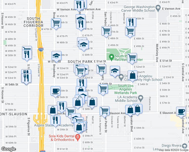 map of restaurants, bars, coffee shops, grocery stores, and more near 203 East 53rd Street in Los Angeles