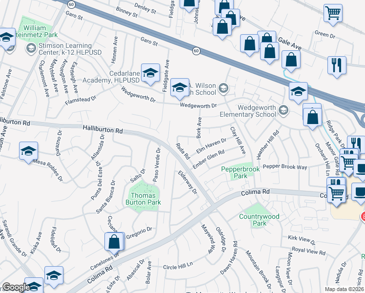map of restaurants, bars, coffee shops, grocery stores, and more near 1740 Rada Road in Hacienda Heights
