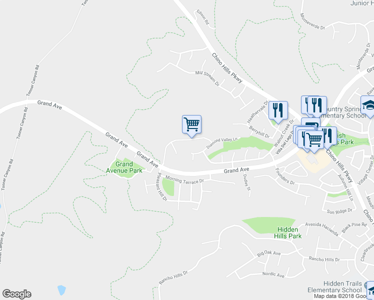 map of restaurants, bars, coffee shops, grocery stores, and more near 1600 Diamond Valley Lane in Chino Hills