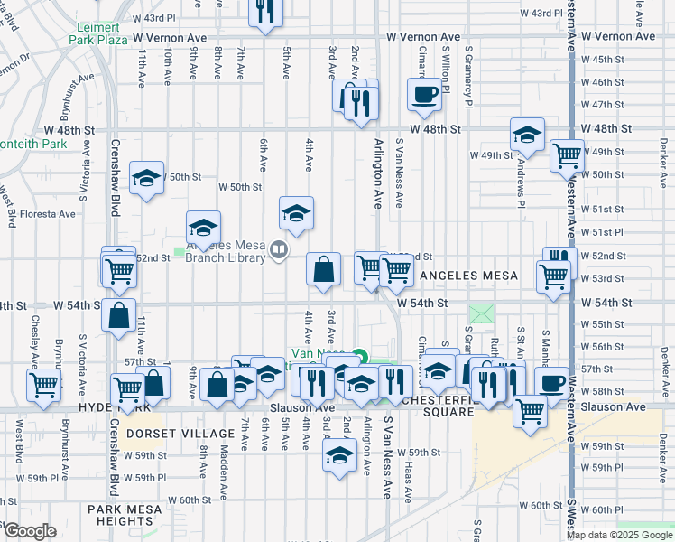 map of restaurants, bars, coffee shops, grocery stores, and more near 5318 3rd Avenue in Los Angeles