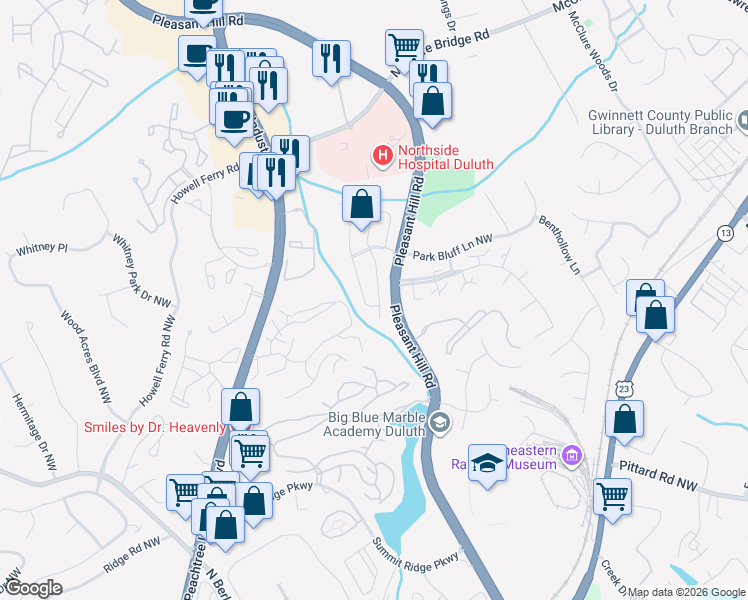 map of restaurants, bars, coffee shops, grocery stores, and more near 3640 East Bay Street in Duluth