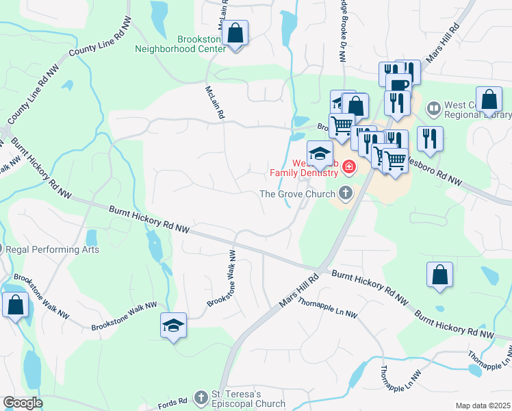 map of restaurants, bars, coffee shops, grocery stores, and more near 5589 Forkwood Drive Northwest in Acworth