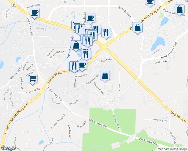 map of restaurants, bars, coffee shops, grocery stores, and more near 1782 Willow Branch Lane in Kennesaw