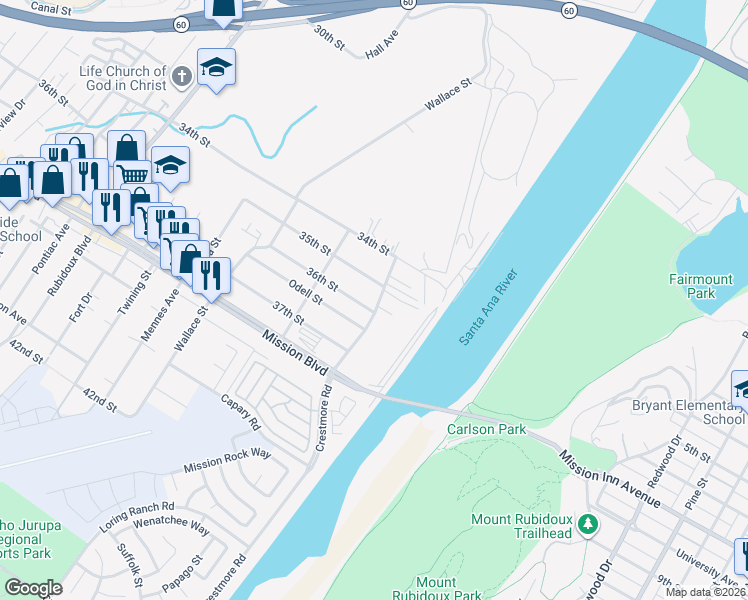 map of restaurants, bars, coffee shops, grocery stores, and more near 3591 Crestmore Road in Riverside