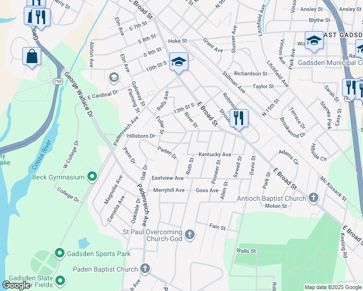 map of restaurants, bars, coffee shops, grocery stores, and more near 1301 Kentucky Ave in Gadsden