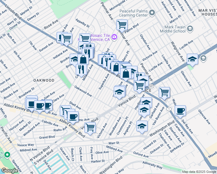 map of restaurants, bars, coffee shops, grocery stores, and more near 902 Marco Place in Los Angeles