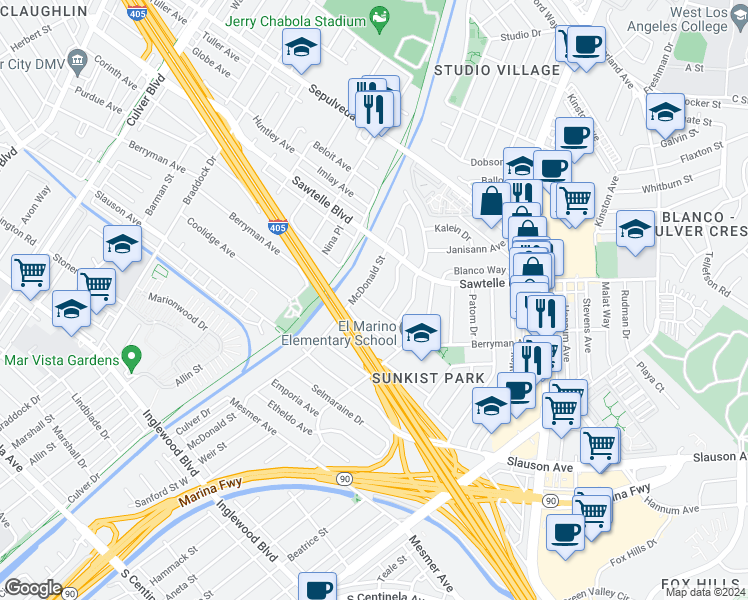 map of restaurants, bars, coffee shops, grocery stores, and more near 5150 Purdue Avenue in Culver City